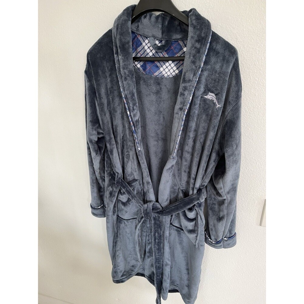 Tommy Bahama Mens Plush Fleece Robe Gray Blue Plaid Collar Accent L/XL Luxe Cozy